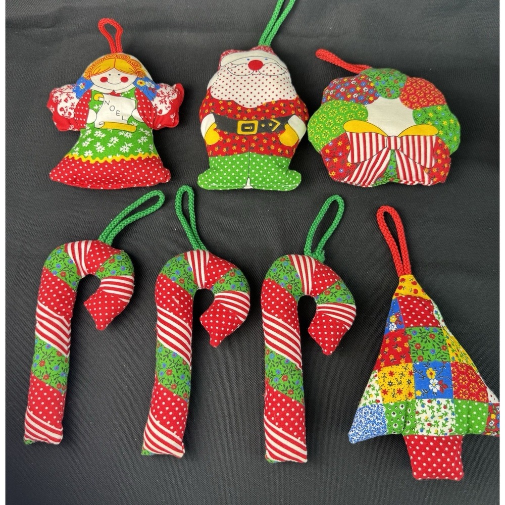 Vintage Handmade 1970s Calico Patchwork Fabric Ornaments Lot Of 7